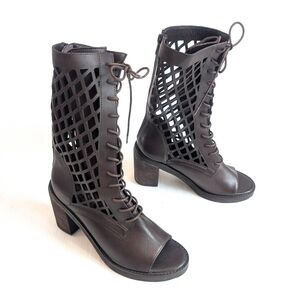 VINTAGE FOUNDRY CO. Normandy Brown Leather Fishnet Cutout Block Heel Boots